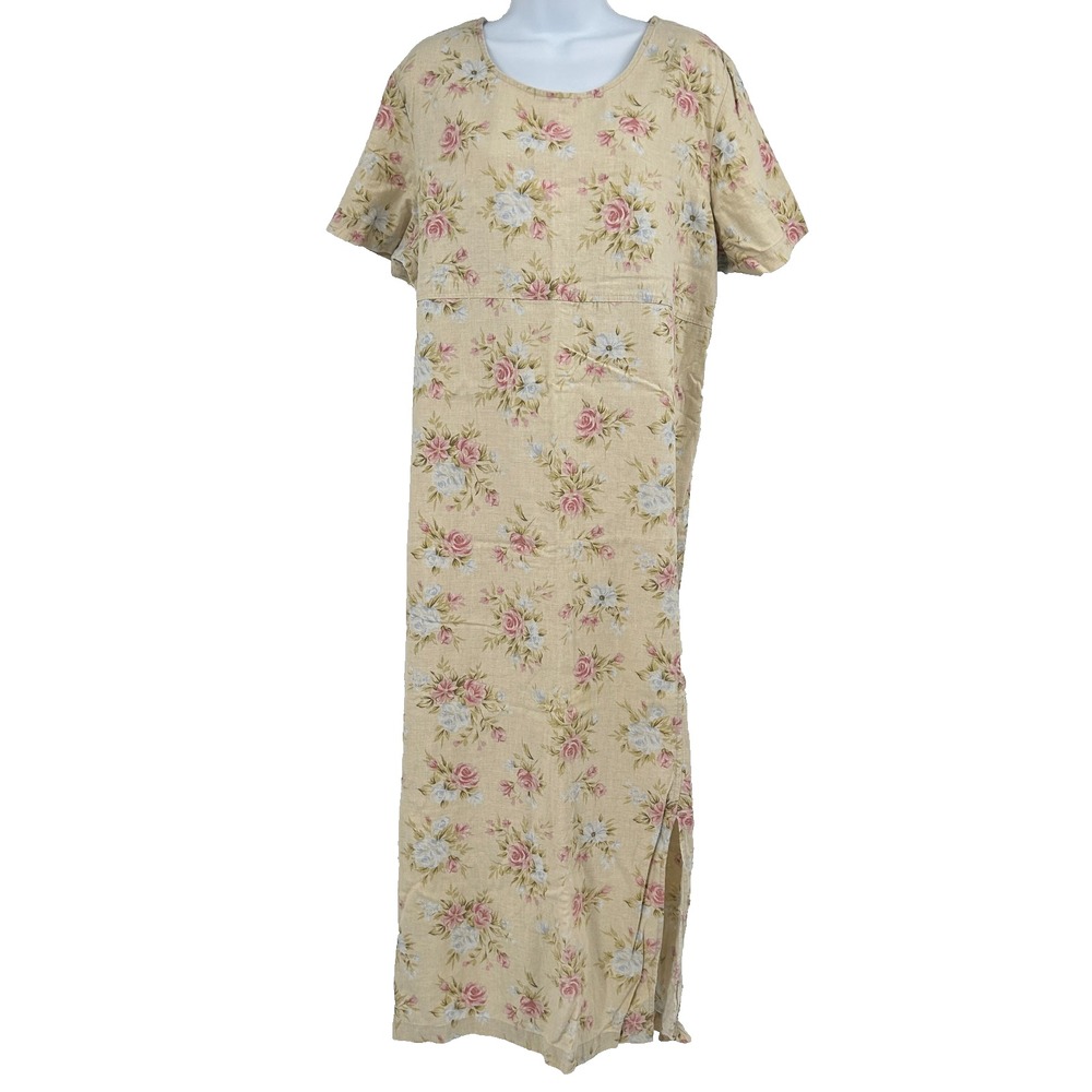 Vintage Country Cottage Floral Jumper Midi Dress Womens XL Linen Cotton Peasant